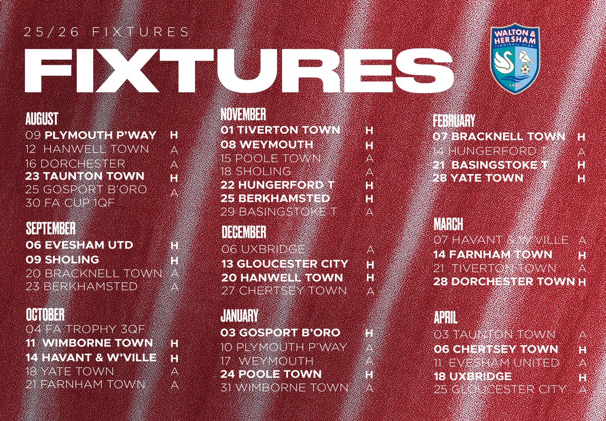 waltonhershamfc's tweet image. 𝗦𝗔𝗩𝗘 𝗧𝗛𝗘 𝗗𝗔𝗧𝗘𝗦
The Swans' fixtures for our 2025/26 league campaign have now been confirmed ✅
Save the dates and make sure you're at every home game by buying a season ticket
waltonhershamfc.com/season-tickets/
