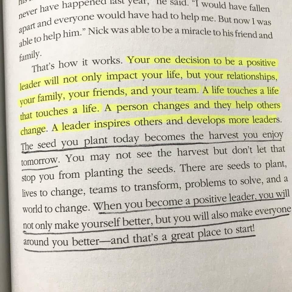 Be intentional today. Your one decision to be a positive leader will not only impact your life but also the lives of others. 👍🏻

[ 📷 pg 187 of “The Power of Positive Leadership” book ]