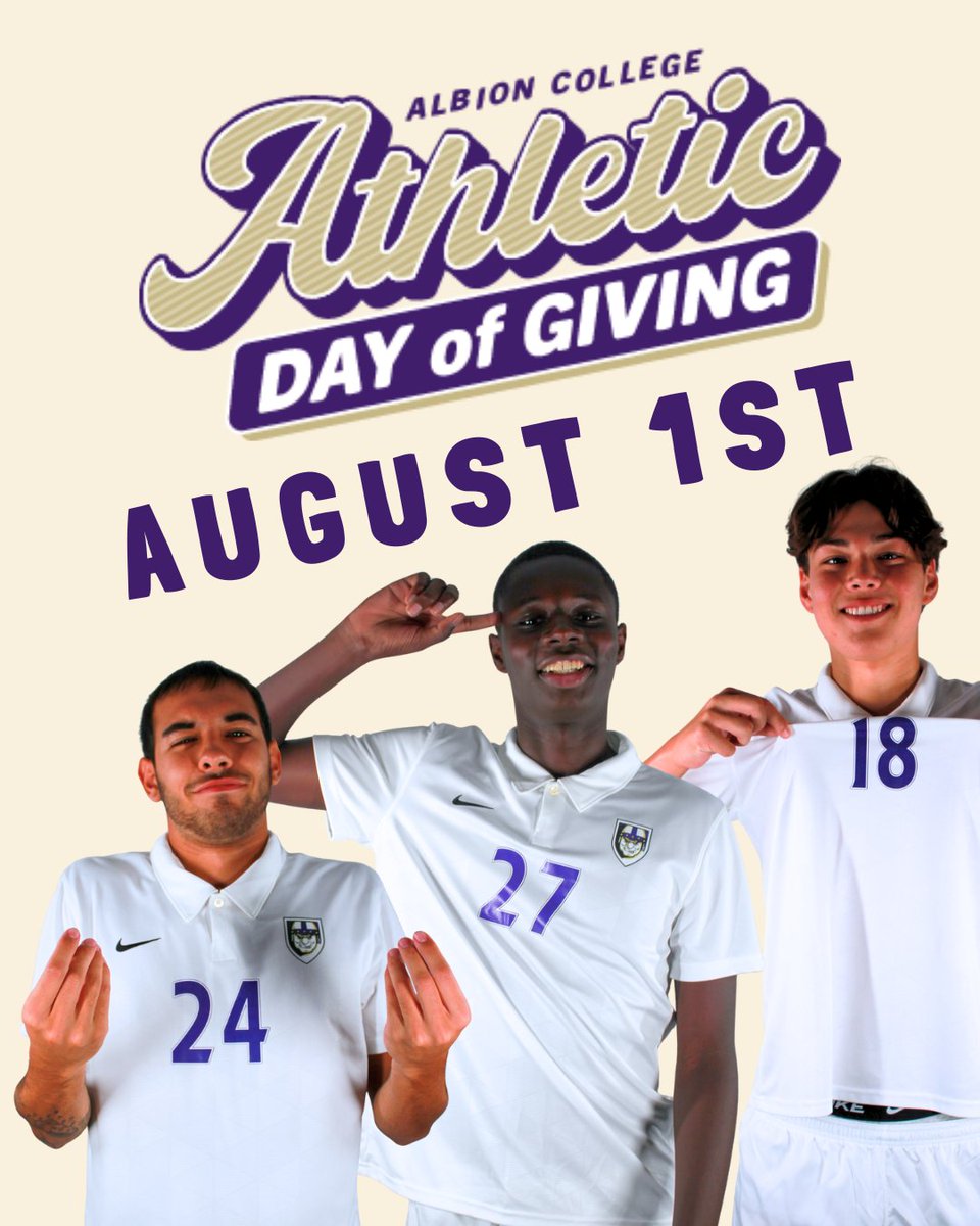 Alumni, friends and family

The success of Albion Men's Soccer would be impossible without your support.  August 1st will be the official Albion Athletics day of giving!  Consider donating to our program on giving day and help continue to build the program for future generations!