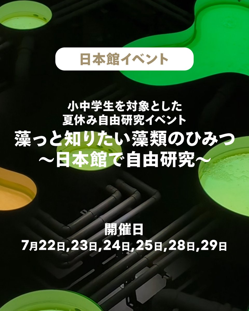 japanpavilion_j's tweet image. /⋰
#日本館 ファームエリアの裏側を大公開!
夏休み自由研究イベントのお知らせ📣
\⋱
小中学生を対象とした「藻(も)っと知りたい藻類のひみつ~日本館で自由研究~」を開催します!
ご用意したのは、日本館館内で実際に培養されている「藻類(そうるい)」について学べる体験プログラム🔬…