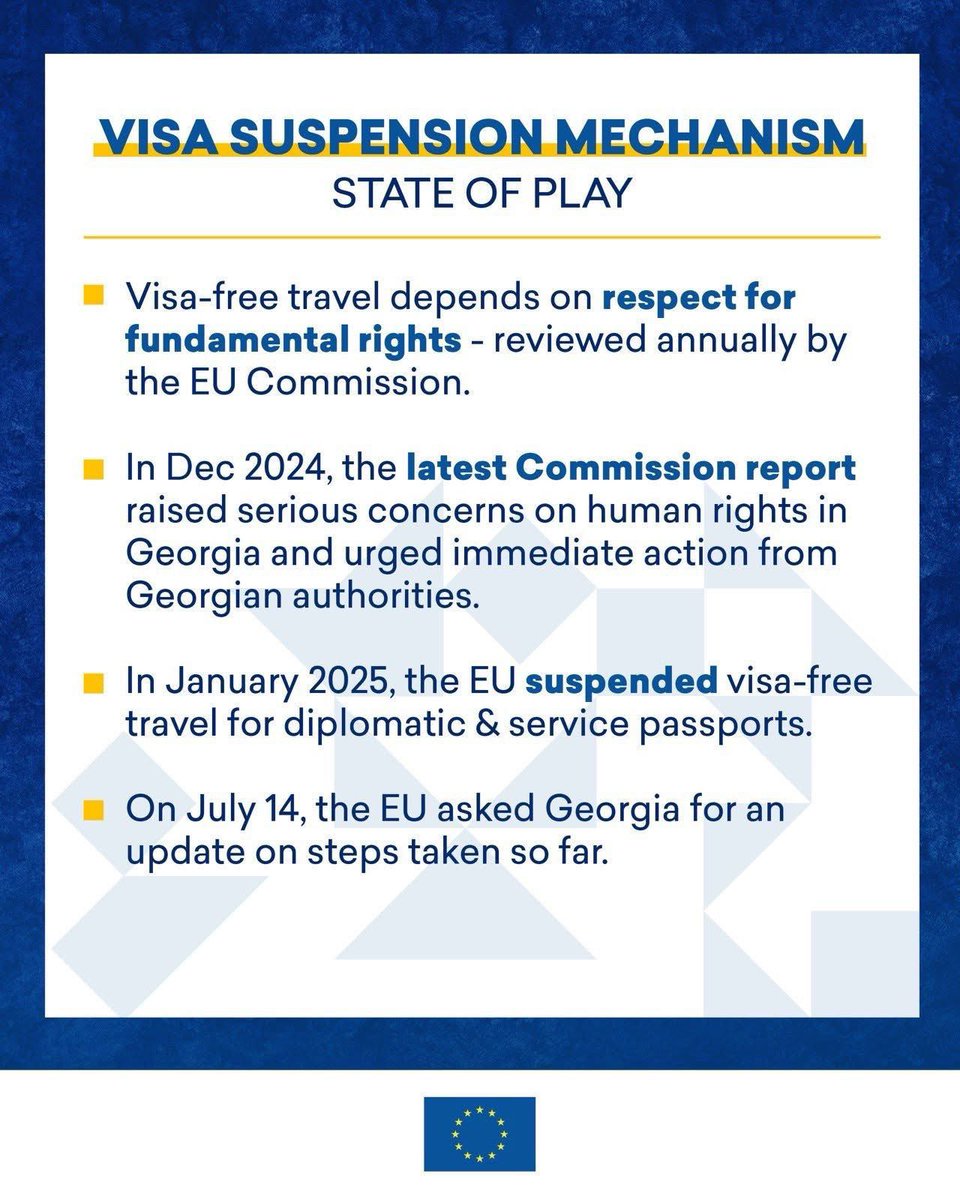EUinGeorgia's tweet image. 🔵 Visa Suspension Mechanism: What to Know
📌 Visa-free travel depends on rights & freedoms
📌 2024 report raised serious concerns in 🇬🇪
EU issued 8 recommendations: bit.ly/3IPF0Lk
🗓 🇬🇪 must update EU by August
⚠️ If no progress, full suspension may follow.