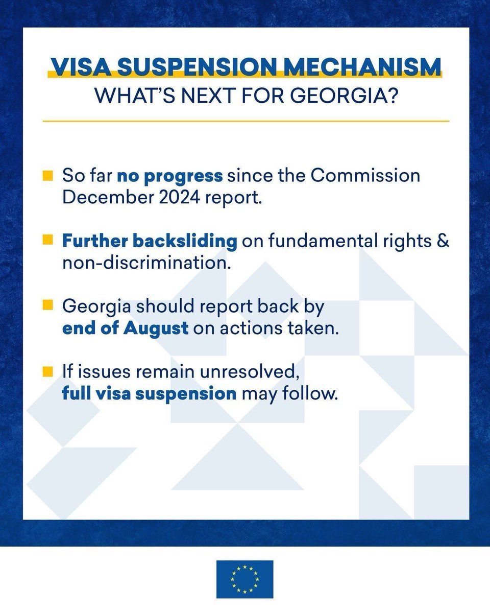 EUinGeorgia's tweet image. 🔵 Visa Suspension Mechanism: What to Know
📌 Visa-free travel depends on rights & freedoms
📌 2024 report raised serious concerns in 🇬🇪
EU issued 8 recommendations: bit.ly/3IPF0Lk
🗓 🇬🇪 must update EU by August
⚠️ If no progress, full suspension may follow.