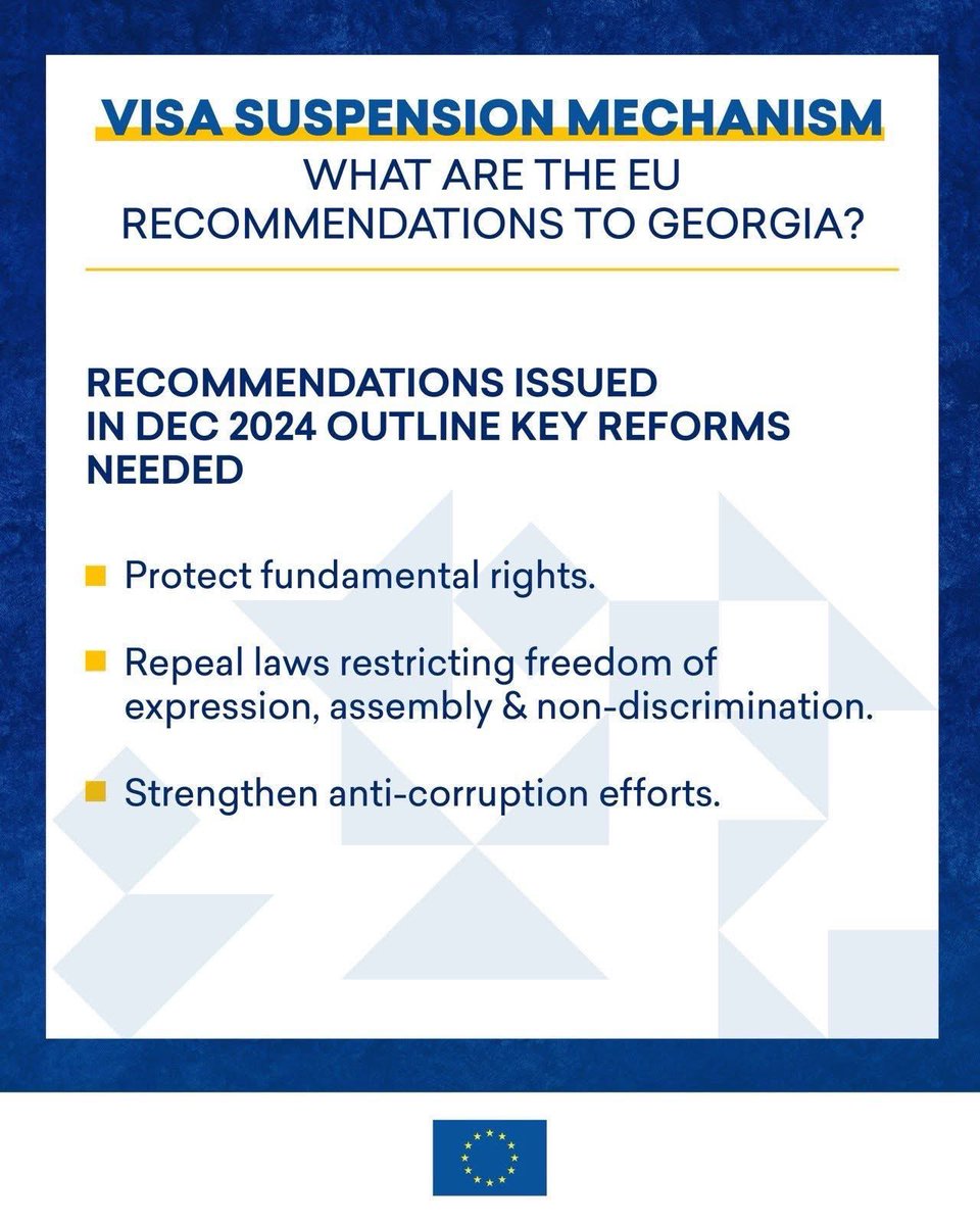 EUinGeorgia's tweet image. 🔵 Visa Suspension Mechanism: What to Know
📌 Visa-free travel depends on rights & freedoms
📌 2024 report raised serious concerns in 🇬🇪
EU issued 8 recommendations: bit.ly/3IPF0Lk
🗓 🇬🇪 must update EU by August
⚠️ If no progress, full suspension may follow.