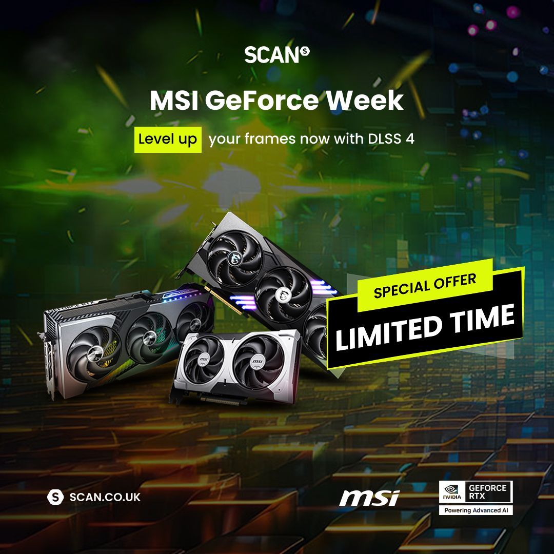 ScanComputers's tweet image. Upgrade and save with GeForce Week by MSI! Save up to £340 on powerhouse MSI GPUs across the range for a limited time only.
Shop now - buff.ly/svUU3Mp
