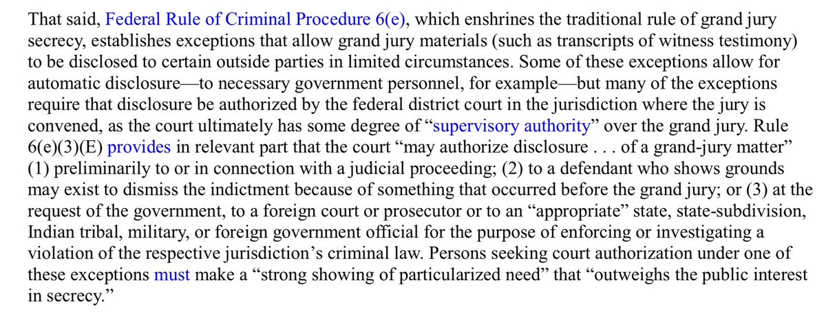 tbridis's tweet image. It is highly uncertain whether US court will permit what Trump is asking his attorney general to seek to release; courts have regularly rejected such 6(e) requests in other cases congress.gov/crs_external_p…