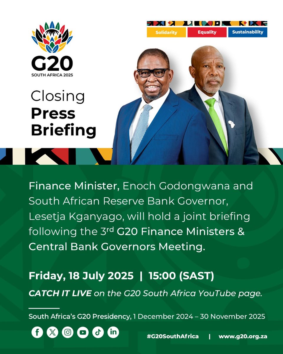 SAReserveBank's tweet image. The third G20 Finance Ministers and Central Bank Governors Meeting concludes today in Zimbali, KwaZulu-Natal.
Minister of Finance Enoch Godongwana and SA Reserve Bank (SARB) Governor Lesetja Kganyago will hold a joint press briefing following the conclusion of the meeting.
The…