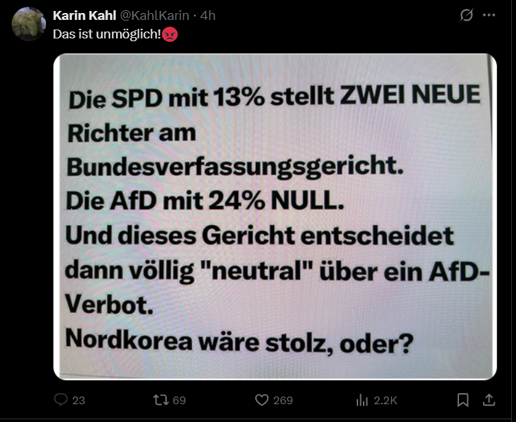 Wegen meinungsfreiem X ein Repost:
Warum sollen gesichert rechtsextreme einen Platz im Bundesverfassungsgericht bekommen? Das ist ja wie den Bock zum Gärtner machen: