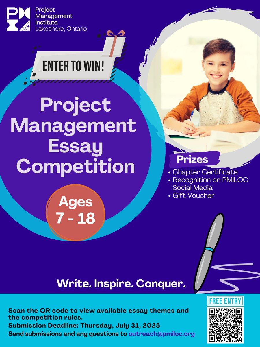 PMI Lakeshore ON, CA (@pmilakeshoresm) on Twitter photo 🎯 Got a child aged 7-18? Let them shine! The Project Management Essay Competition is open for PMILOC Chapter Members' kids. Submit by July 31, 2025: outreach@pmiloc.org. Winners get certificates, recognition, and gift vouchers! 🧠 Empower your child today! 🎯 Got a child aged 7-18? Let them shine! The Project Management Essay Competition is open for PMILOC Chapter Members' kids. Submit by July 31, 2025: outreach@pmiloc.org. Winners get certificates, recognition, and gift vouchers! 🧠 Empower your child today!