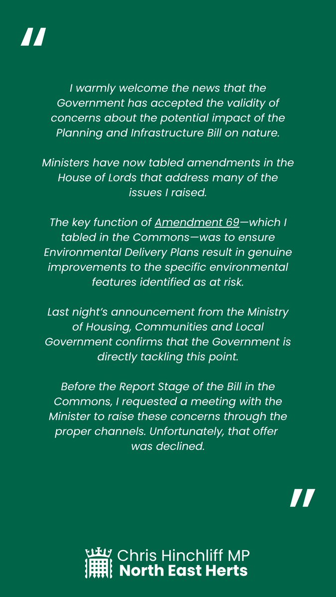CHinchliffMP's tweet image. My statement on the on Government's amendments to Planning and Infrastructure Bill. 👇