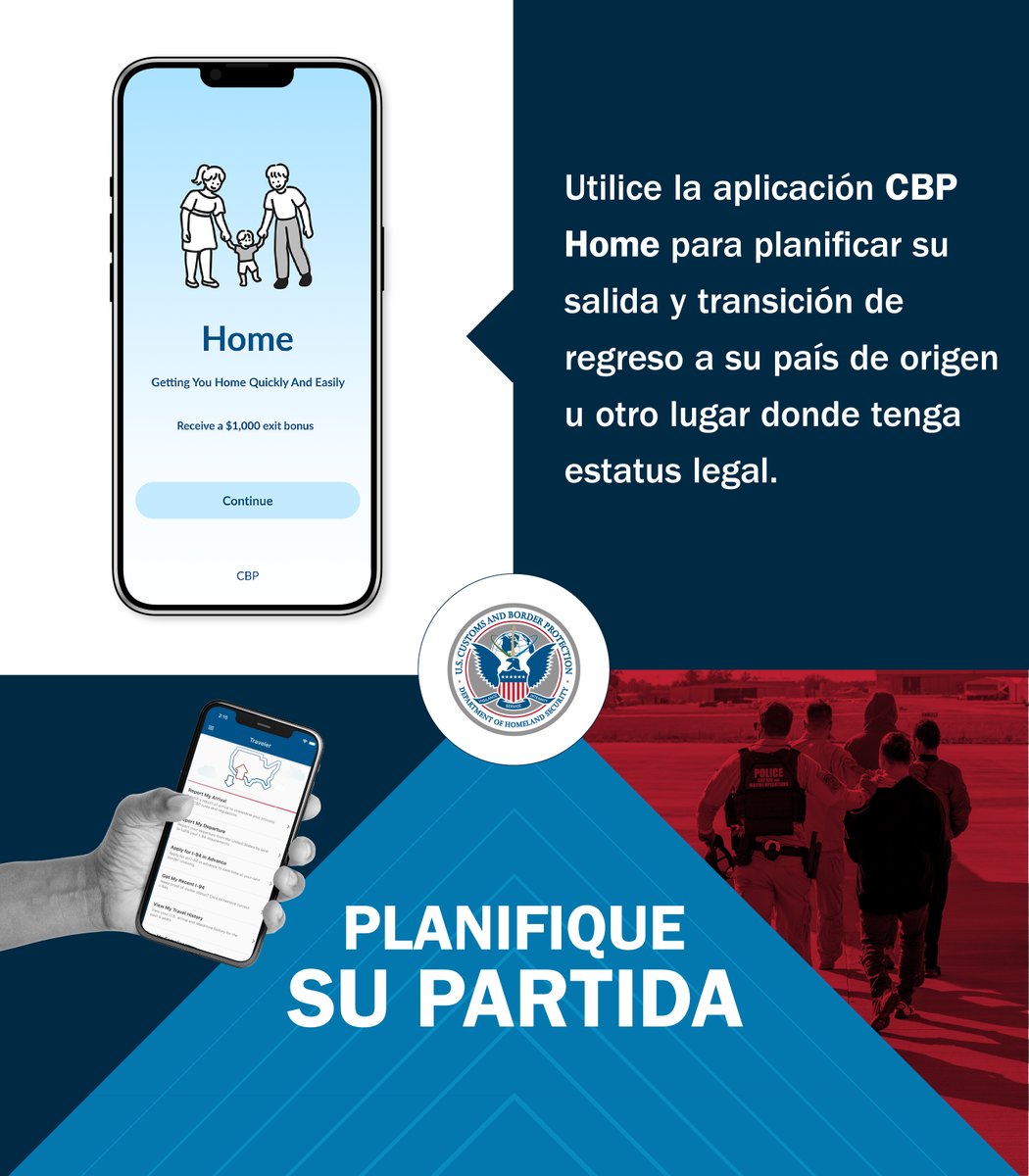 OFOEAC's tweet image. La aplicación CBP Home es su oportunidad de salir voluntariamente si está en el país ilegalmente.
Úsela ahora, o será localizado y deportado sin posibilidad de regresar.
go.dhs.gov/wqh