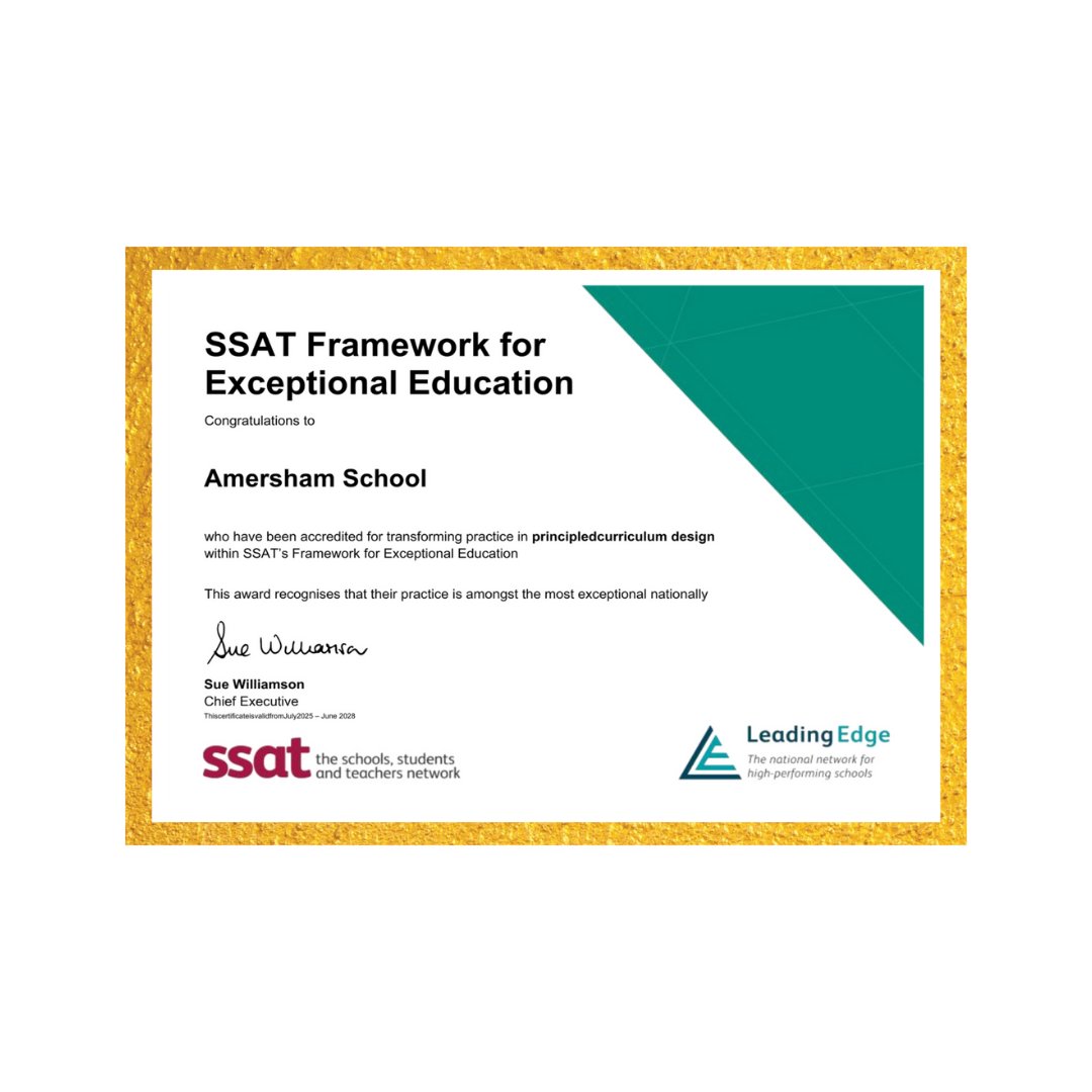 ssat's tweet image. Congratulations to @AmershamSchool_ who have been accredited for transforming practice in climate for learning within SSAT’s Framework for Exceptional Education.
Find out more: ow.ly/t9R450WpXC5
#education #schoolsuk #excellence