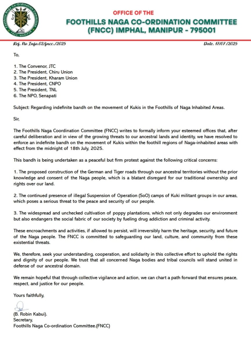 To enforce an indefinite band on the movement Kukis within the foothill region of Naga-inhabited areas with effect from the midnight of 18th July 2025.

#liangmaipost #Manipur #Naga #kuki #liangmai #zeliangrong