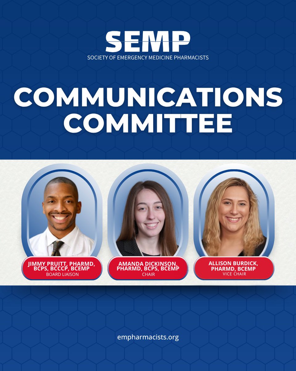 We're thrilled to introduce the leaders of our Communications Committee: Amanda Dickinson PharmD, BCPS, BCEMP, Chair, and Allison Burdick, PharmD, BCEMP, Vice Chair! These two are at the forefront of keeping our EM pharmacy community informed and connected!

#SEMP #EMRx