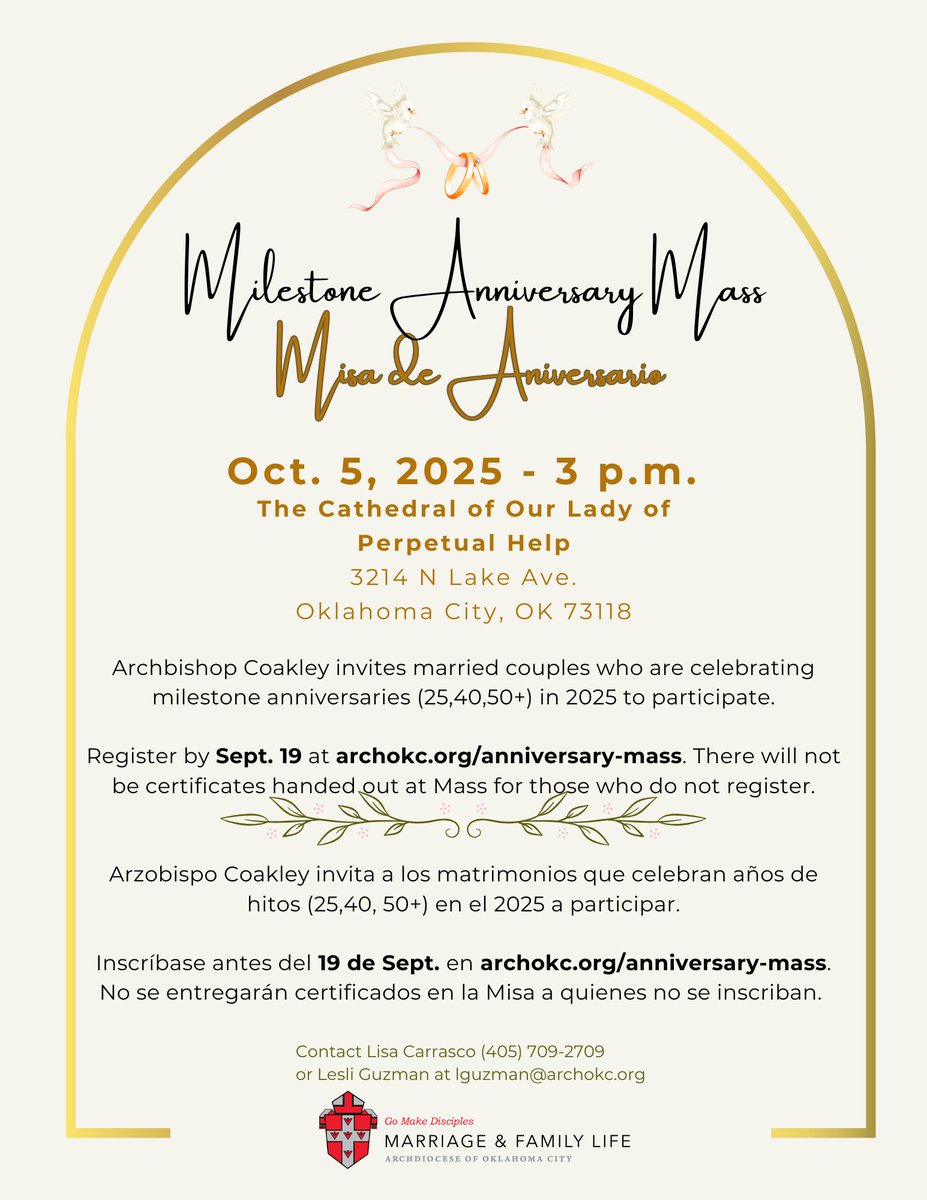 Archbishop Coakley invites married couples who are celebrating milestone anniversaries in 2025 to the Milestone Anniversary Mass on Oct. 5! 

Register by Sept. 19 at archokc.org/anniversary-ma….