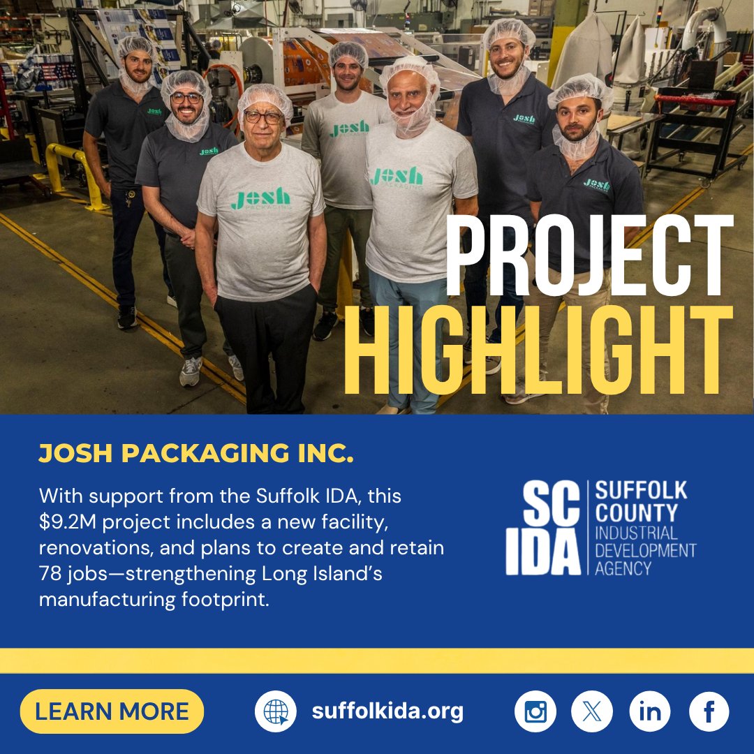 Josh Packaging is expanding in Hauppauge with help from the Suffolk IDA! This $9.2 million project will increase production capacity by 60% while creating and retaining 78 jobs. Read more at tinyurl.com/4y6k22se.