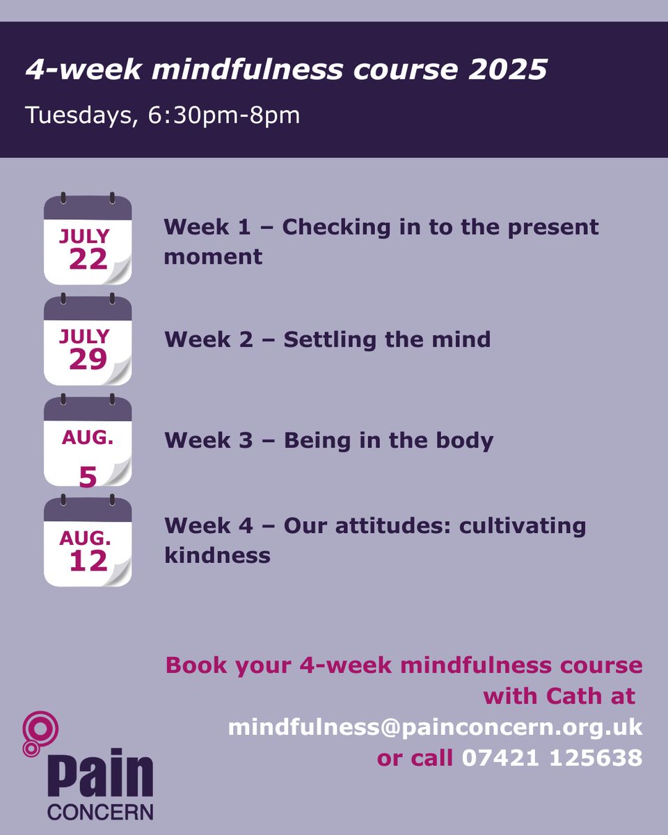 Pain Concern (@painconcern) on Twitter photo Pain Concern’s 4-week mindfulness course begins next week! 🧘🪷
Mindfulness has great benefits for pain and wellbeing – get in touch at mindfulness@painconcern.org.uk or 07421125638 to sign up ✍️
#PainConcern #PainMatters #chronicpain #painmanagement #mindfulness #mentalhealth Pain Concern’s 4-week mindfulness course begins next week! 🧘🪷
Mindfulness has great benefits for pain and wellbeing – get in touch at mindfulness@painconcern.org.uk or 07421125638 to sign up ✍️
#PainConcern #PainMatters #chronicpain #painmanagement #mindfulness #mentalhealth