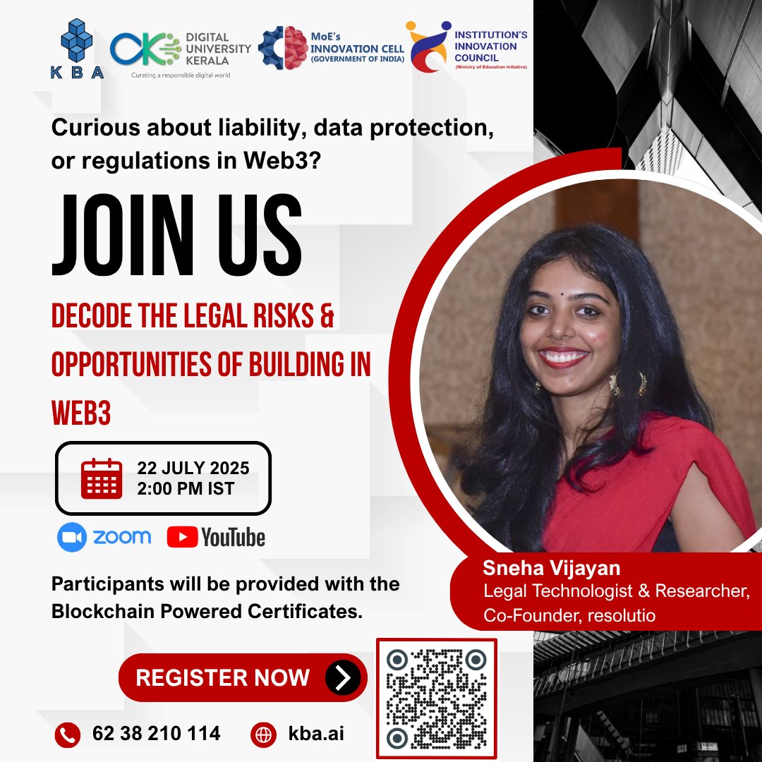 kbaiiitmk's tweet image. Join us to "Decode the Legal Risks & Opportunities of Building in Web3" by Sneha Vijayan.
🗓️ Date: July 22, 2025
⏰ Time: 2:00 PM IST
📍 Platform: Zoom & YouTube
Register now: forms.gle/Fd9LCzcKZJGbKX…
#Web3 #Blockchain #LegalTech #CryptoLaw #India #Web3Community #LegalRisks