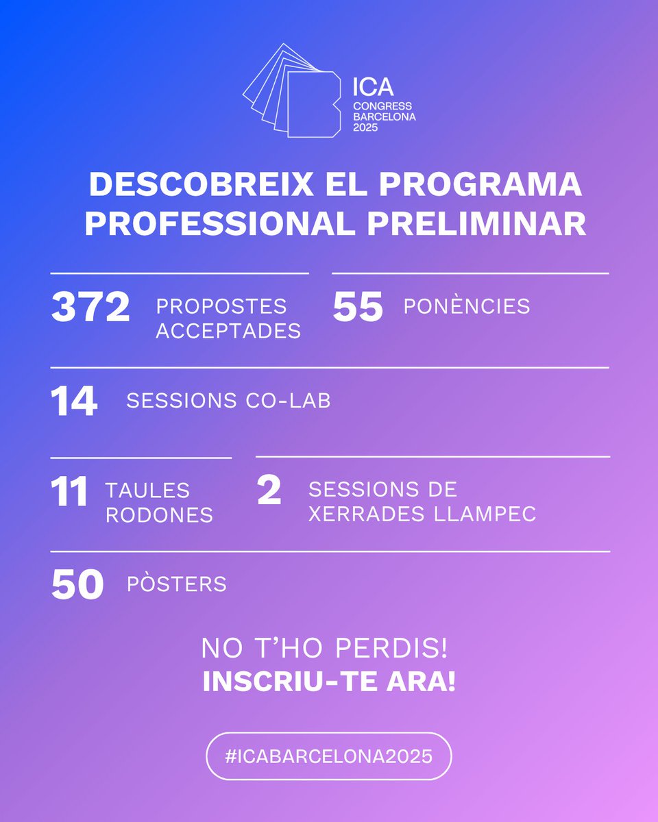 📚✨ Descobreix el programa preliminar del Congrés Internacional d’Arxius - ICA Barcelona 2025 🌍🎓

Ens complau presentar el programa professional preliminar pel Congrés Internacional d’Arxius - ICA Barcelona 2025! Amb 372 propostes acceptades en diversos formats, aquesta