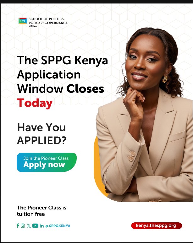 Today is your final call.
Step into a space built for bold leaders.
From vision to strategy, #SPPGKenya is your next step in reimagining Kenya.

Applications close today  no extensions.
Matriculation: 11, 2025 August
Acculturation: 12, 2025 August 
Classes: 2, 2025 September