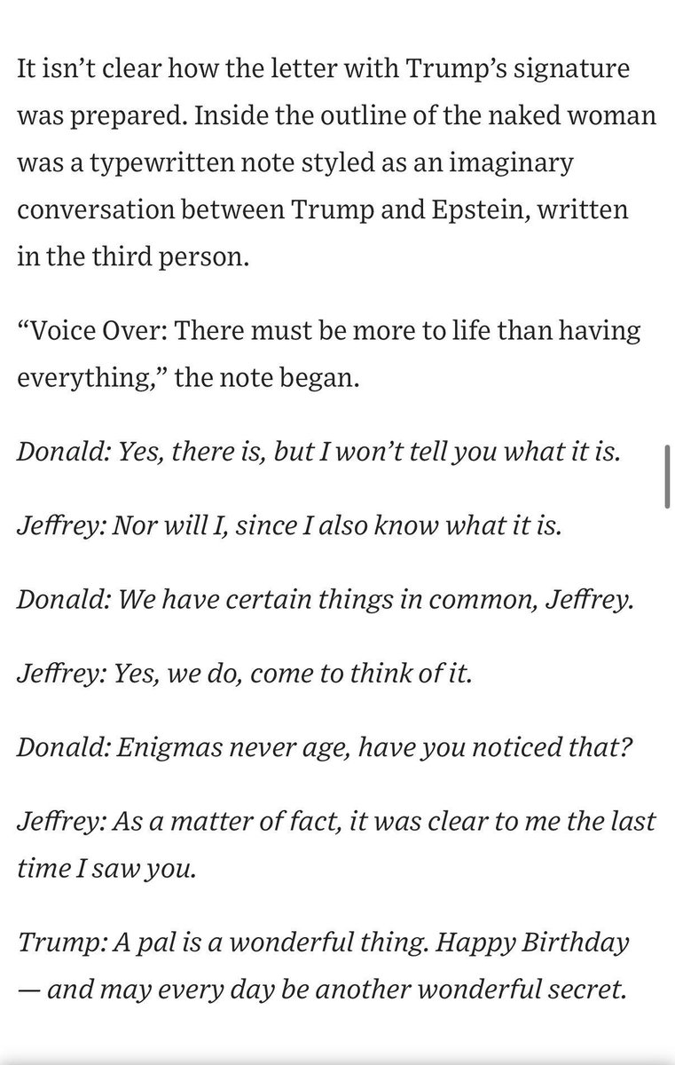 The <a href="/WSJ/">The Wall Street Journal</a>, a reliable right-leaning news org, w/a striking new report. It claims to have a Jeffrey Epstein bday book that includes Trump. It notes a "secret," and the drawn outline of a naked woman.
Trump is denouncing it, threatening to sue. 
wsj.com/politics/trump…