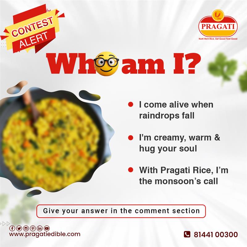 #ContestAlert 𝐖𝐇𝐎 𝐀𝐌 𝐈 and Be The Lucky One to win 𝐀𝐦𝐚𝐳𝐢𝐧𝐠 𝐏𝐫𝐢𝐳𝐞𝐬! 🎉🏆
🔴 Like &amp; Share 
🔴Comment 
🔴Tag 
🔴Review facebook.com/pragatiedible/…
🔔Subscribe youtube.com/channel/UCfw6p…
.
.
#Pragati #Rice #NutriRichRice #GuessAndWin #ContestTime #LuckyWinner #PrizeAlert