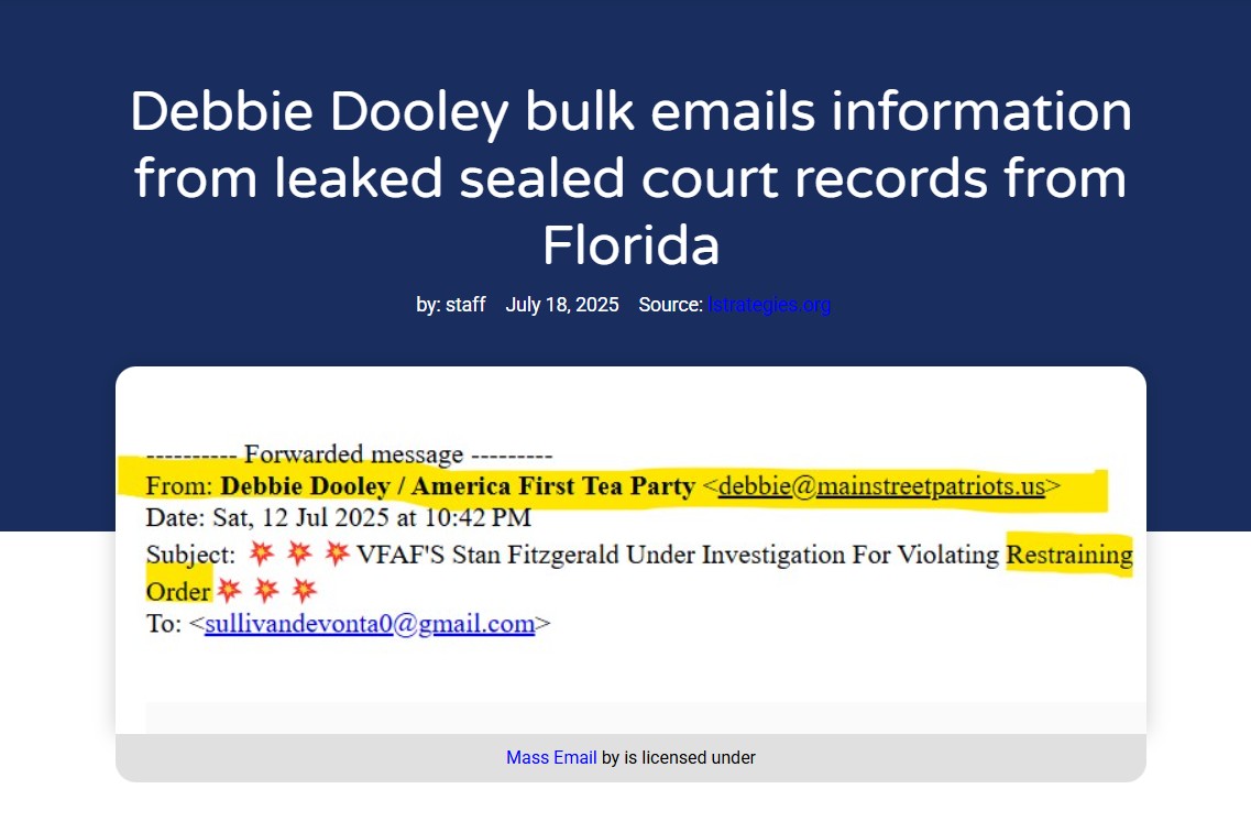 VFAFVP's tweet image. WEBSITE: lstrategies.org/articles/leake…
Debbie Dooley bulk emails information from leaked sealed court records from Florida
Eileen Conz, Margo Ackiss, and Butch Conz of North Carolina are public figures serving on the board of an organization that is maliciously impersonating Veterans…