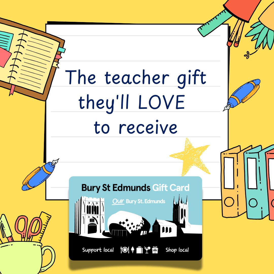 ourburysteds's tweet image. Say thank you to your teacher the right way with the Bury St Edmunds Gift Card! From local independents to big name brands, there's something for everyone. Whether it’s food, clothes, or jewellery, it’s the gift they’ll really love. For more, visit: bit.ly/4ikK7Rd