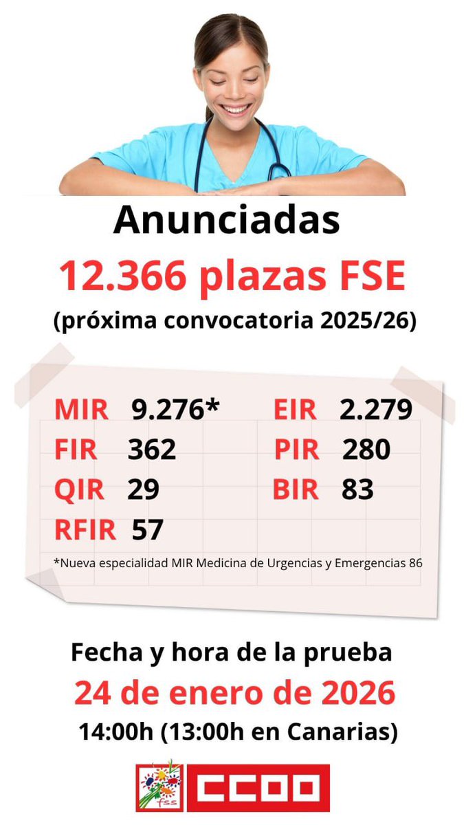 ➡️ La FSS-CCOO valora la oferta de plazas de Formación Sanitaria Especializada para 2026 
 
🫴🏼 un paso adelante significativo, aunque escaso, en la planificación y mejora de la formación de personal sanitario

sanidad.ccoo.es/noticia:732898…

#ActuarParaAvanzar