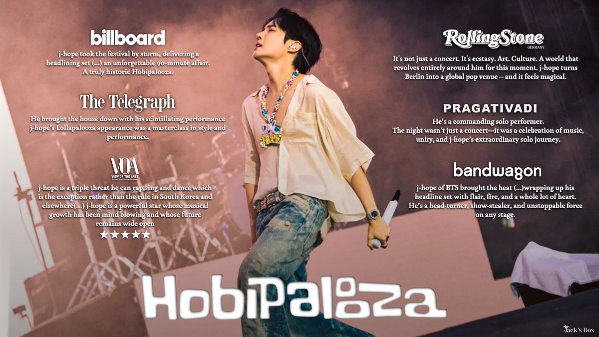 Jacktohope's tweet image. #JHOPE’s Lollapalooza Berlin performance reviews from international media outlets — all praising his show as historic, energetic, artistic, and groundbreaking