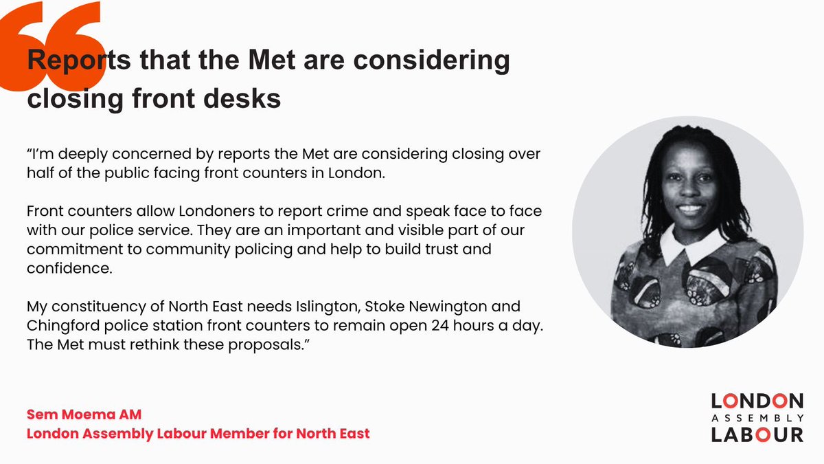Sem Moema AM 🌹🐝💪🏾 (@semakaleng) on Twitter photo Reports from <a href="/metpoliceuk/">Metropolitan Police</a> on proposals to close some front desks at police stations. This will have a devastating impact on my constituents in Islington, Chingford and Hackney. The public needs 24-hour access to local police, a solution needs to be found. Reports from <a href="/metpoliceuk/">Metropolitan Police</a> on proposals to close some front desks at police stations. This will have a devastating impact on my constituents in Islington, Chingford and Hackney. The public needs 24-hour access to local police, a solution needs to be found.