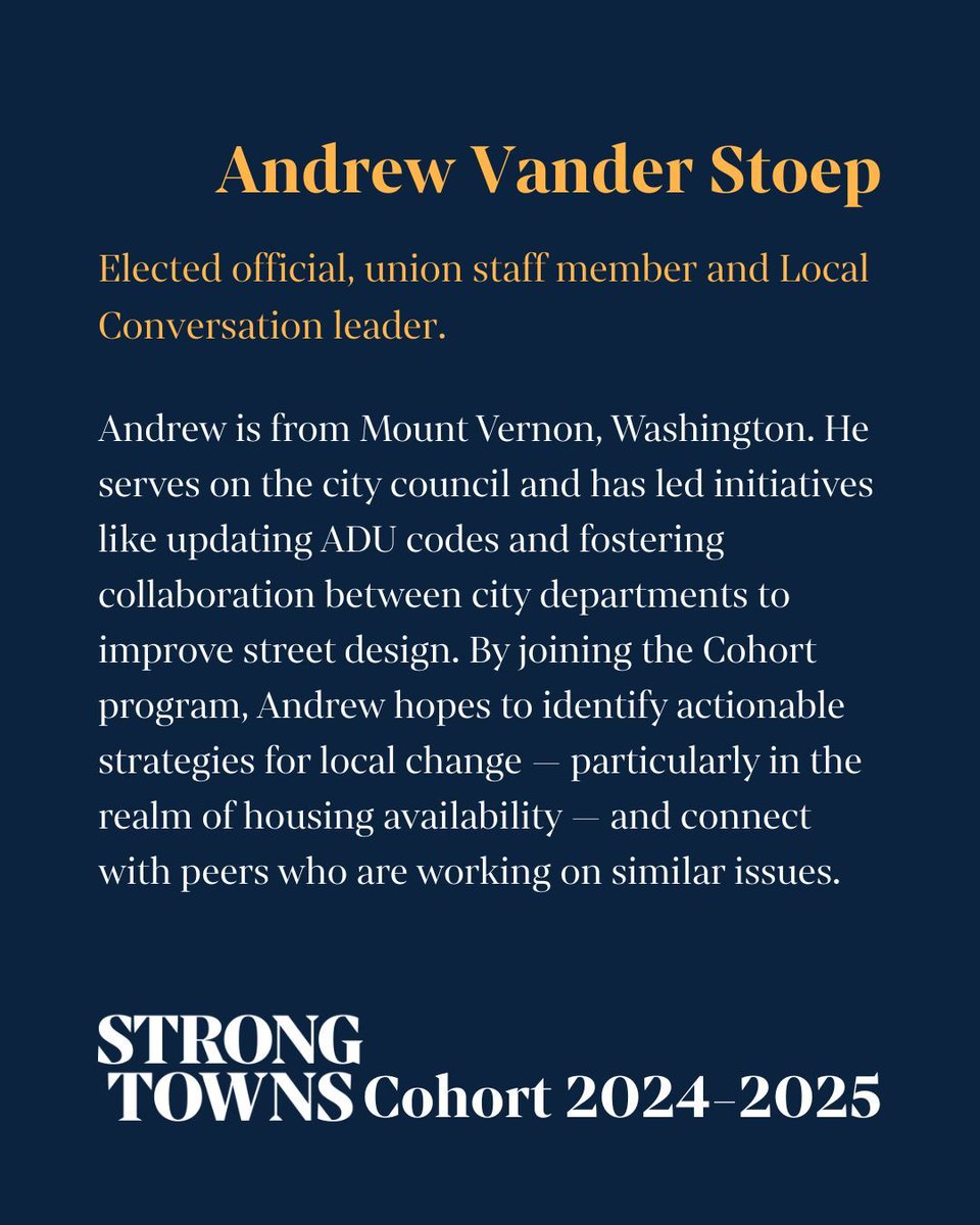 StrongTowns's tweet image. Meet our inaugural Strong Towns Cohort! The cohort is a community where Strong Towns advocates can connect, learn, and work. Here’s Andrew Vander Stoep from Mount Vernon, WA!
Applications for our 2025-2026 Cohort are open through September 29—join us! buff.ly/pRANuZU