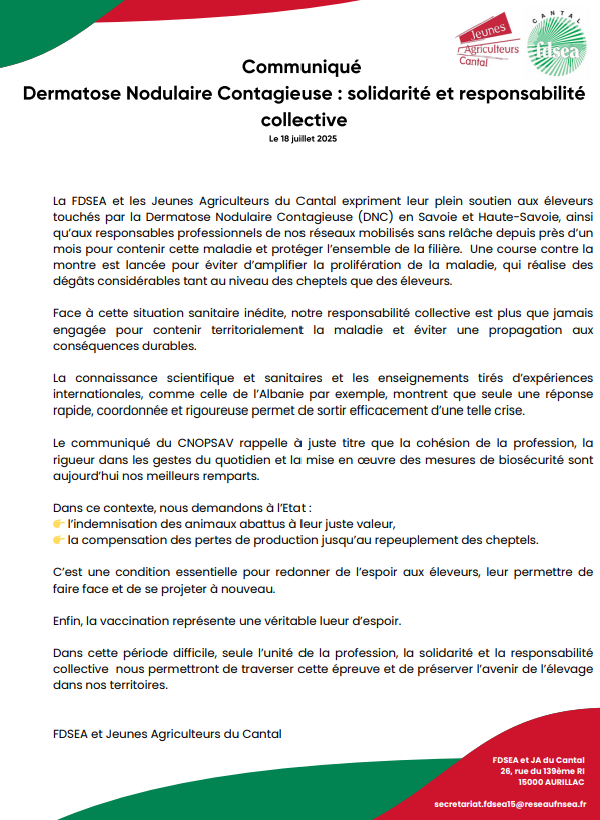 🟢FDSEA et les JA du Cantal expriment leur soutien plein et entier aux éleveurs touchés et aux responsables professionnels en 1ere ligne.
📢 L’État doit être au RDV : indemnisations justes, soutien aux éleveurs et vaccination rapide sont indispensables 

<a href="/FDSEAdessavoie/">FDSEA des savoie</a>