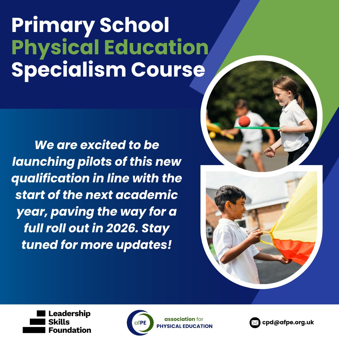 afPE_PE's tweet image. Update❕
The Level 5 Primary School PE Specialism and PE Subject Leadership is evolving.
We're pleased to introduce the new look course, rolling out in early 2026.
📲Stay tuned for more details.
#FutureOfPE