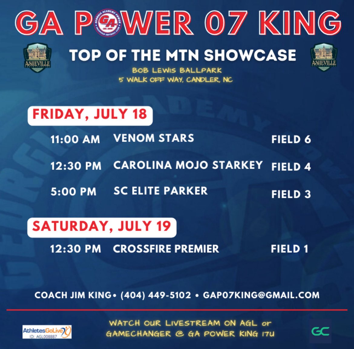 Schedule for Top of the Mountain Showcase this weekend!! Would love to see some coaches come out and watch!!