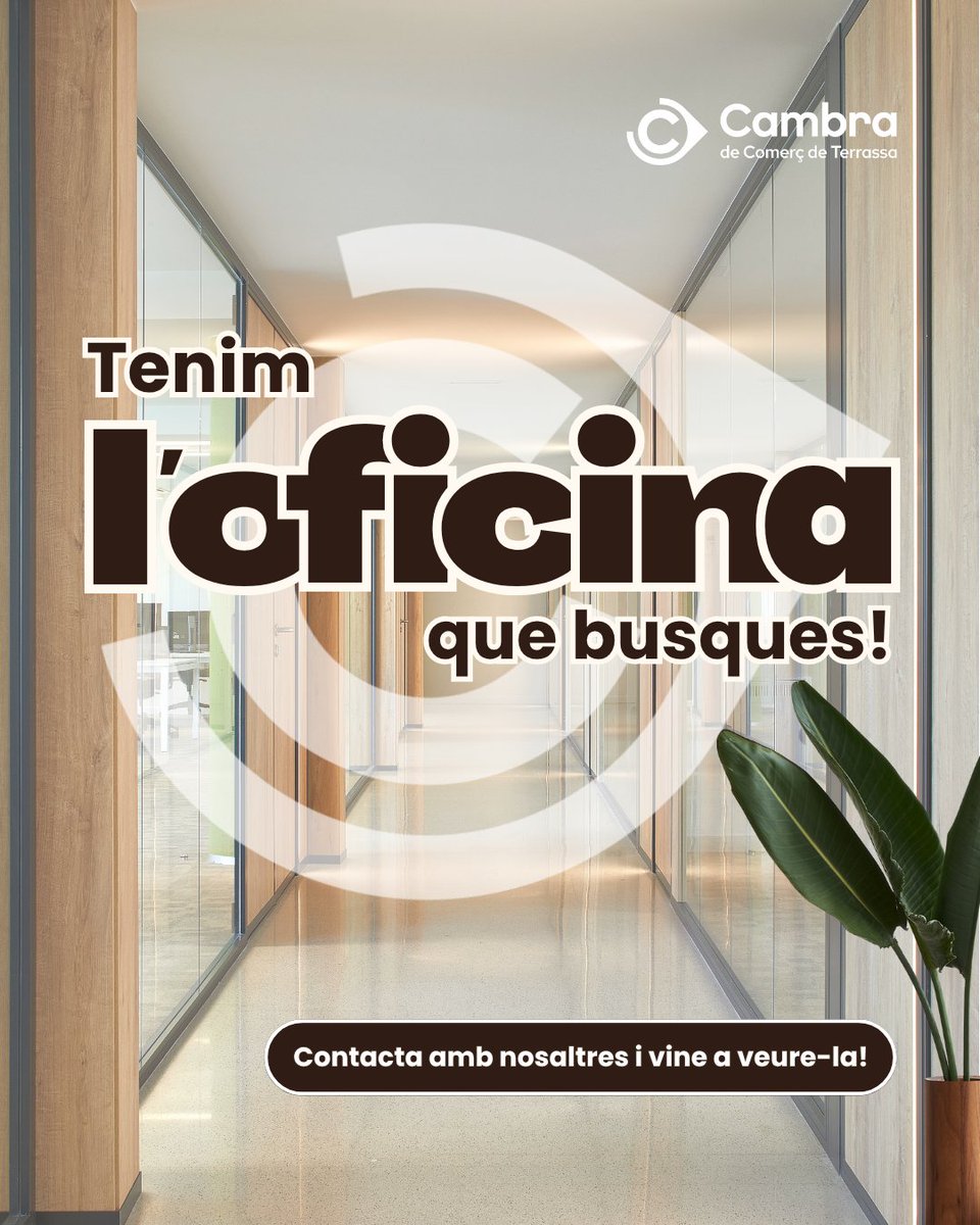 Cambra de Comerç de Terrassa (@cambraterrassa) on Twitter photo Tenim l’oficina que necessites!
30 m² a 1 min de FGC #Terrassa Centre! 🚉
Espai amb wifi, llum natural, sales de reunions i cuina office compartida.
Impulsa el teu negoci en un entorn actiu i col·laboratiu.
📩 bw@cambraterrassa.org
🔗 cambraterrassa.org/cambra-busines… Tenim l’oficina que necessites!
30 m² a 1 min de FGC #Terrassa Centre! 🚉
Espai amb wifi, llum natural, sales de reunions i cuina office compartida.
Impulsa el teu negoci en un entorn actiu i col·laboratiu.
📩 bw@cambraterrassa.org
🔗 cambraterrassa.org/cambra-busines…