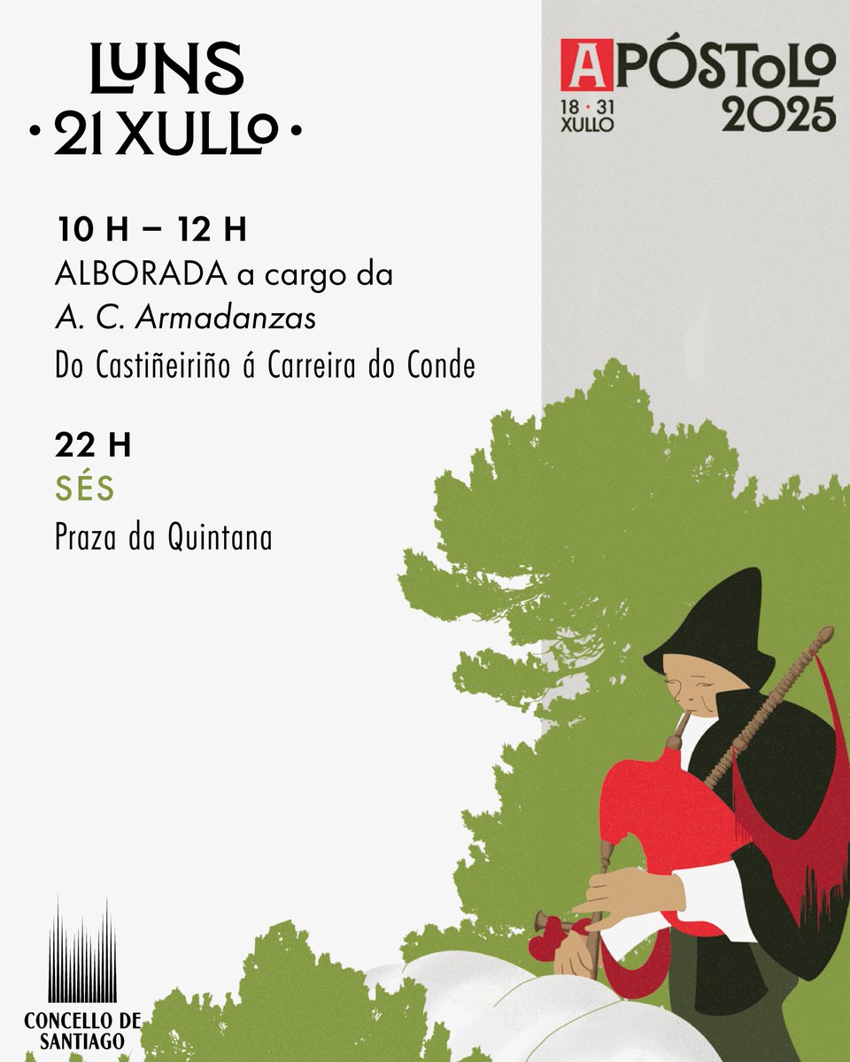 PazodeRaxoi's tweet photo. 📜 #Alboradas a cargo da A.C. Armadanzas e mais o concerto que ofrecerá esta noite, na praza da #Quintana, a cantautora galega SES, citas da programación das #FestasdoApóstolo para esta xornada de luns! 👏
🧐 Non perdas nada do #Apóstolo2025! 🤳 https://t.co/vXYj2bvLoQ https://t.co/qArwDkScjO
