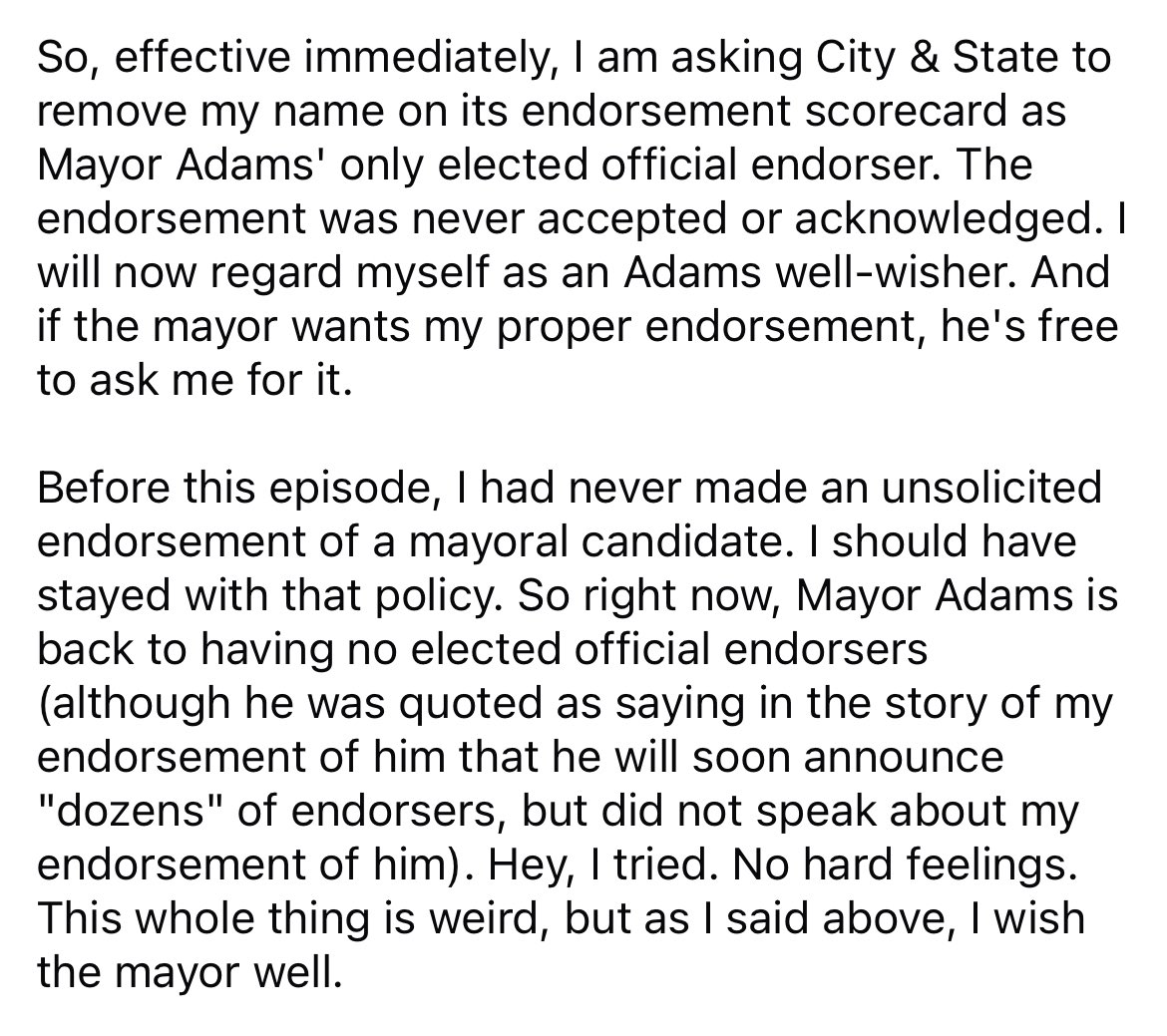 C_Sommerfeldt's tweet image. Seems @JimGennaro — the first elected official to back Mayor Adams' reelection bid — un-endorsed him very late last night in a Facebook post.
The reasoning? Adams never accepted the endorsement so Gennaro doesn't want to give it anymore.
