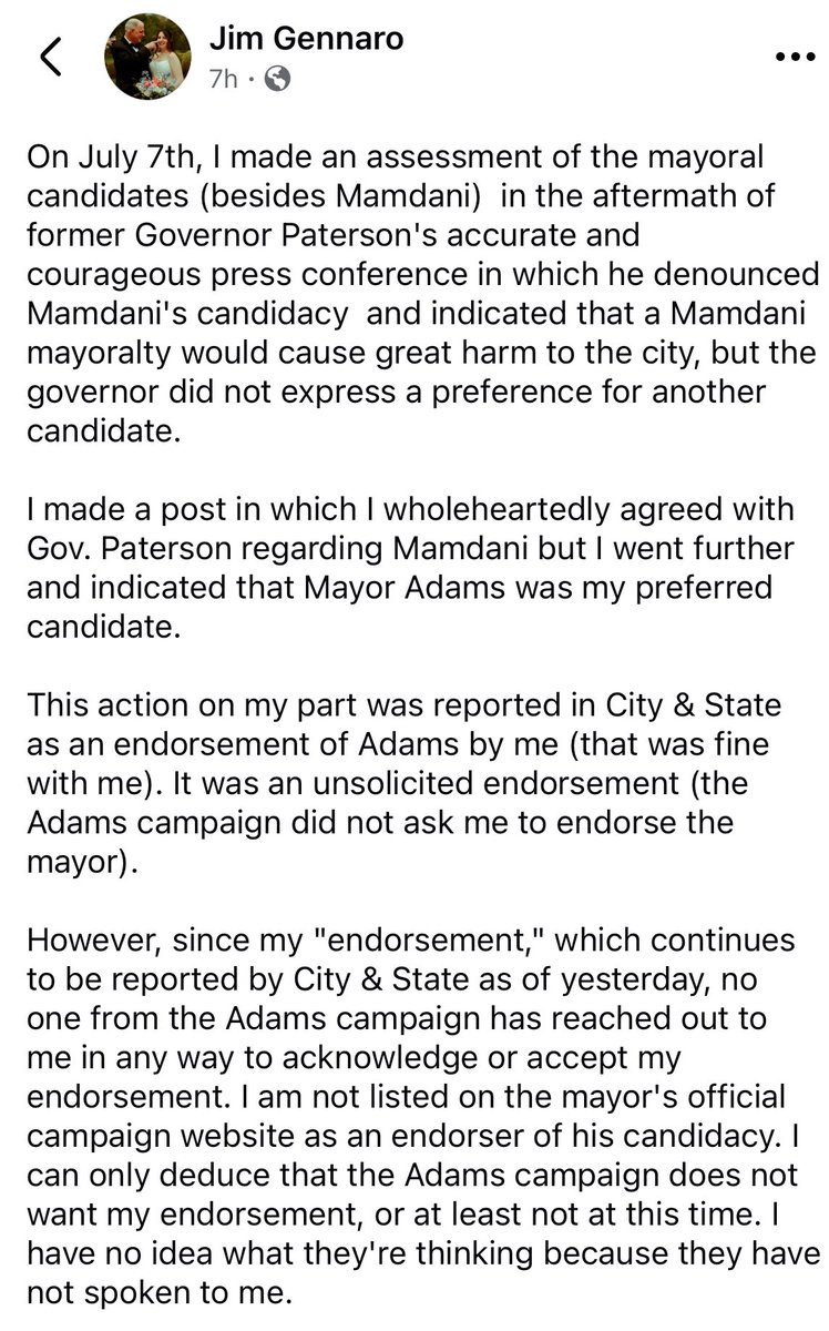 C_Sommerfeldt's tweet image. Seems @JimGennaro — the first elected official to back Mayor Adams' reelection bid — un-endorsed him very late last night in a Facebook post.
The reasoning? Adams never accepted the endorsement so Gennaro doesn't want to give it anymore.