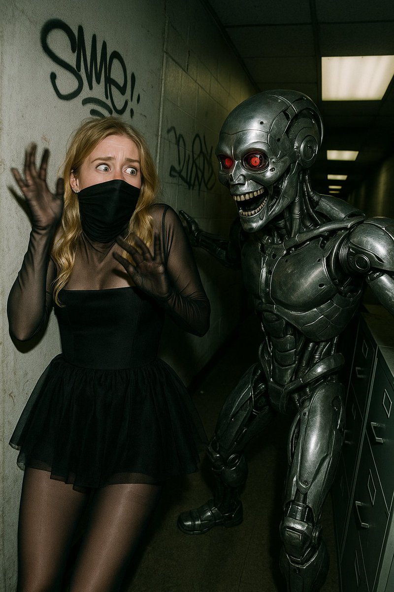 pic4safari's tweet photo. "Happy Friday! Girl," a robot roared, catching a sneaky female spy in the office. 😈 Her conspiracy's busted! Now, she faces the ultimate punishment.
#Thriller #SpyBusted #HappyFriday https://t.co/icKt3p3ppU