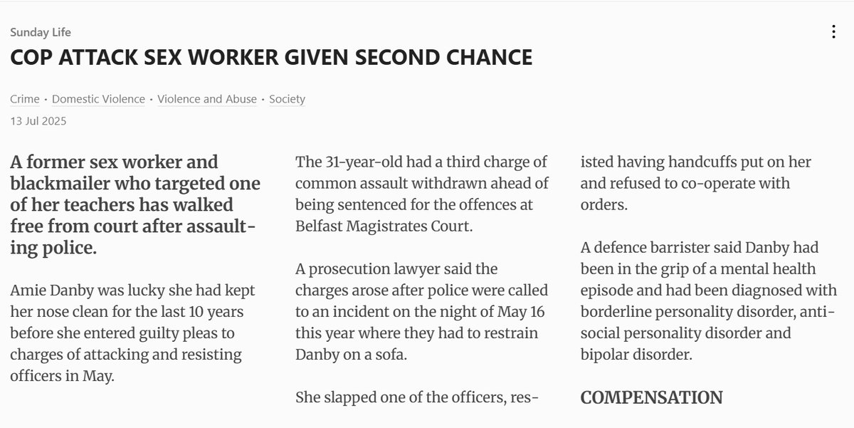 HarpersLawNI's tweet image. Sex worker assaults police. Their excuses are pathetic!!

Assaulting police or any of our emergency workers including nurses should be a long, instant custodial sentence.

Please sign chng.it/QZhswZm2 ✍️to see longer sentences. Thank you

#NotPartOfTheJob
#InstantCustodial