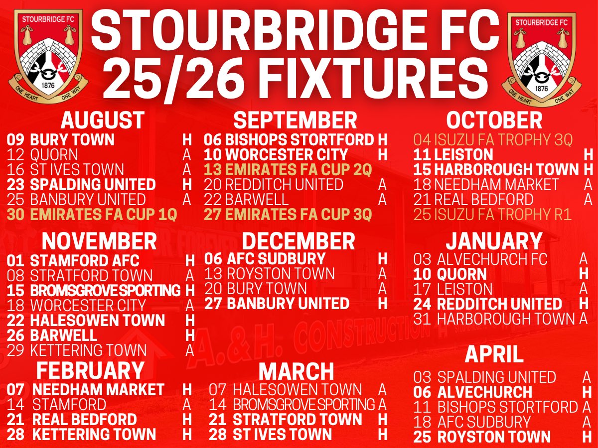 StourbridgeFC's tweet image. 𝟐𝟎𝟐𝟓-𝟐𝟔 𝐅𝐢𝐱𝐭𝐮𝐫𝐞𝐬 📆

Here’s how our 25/26 campaign is shaping up in the @SouthernLeague1 Central Premier Division 📋 

#StourbridgeFC | #Glassboys