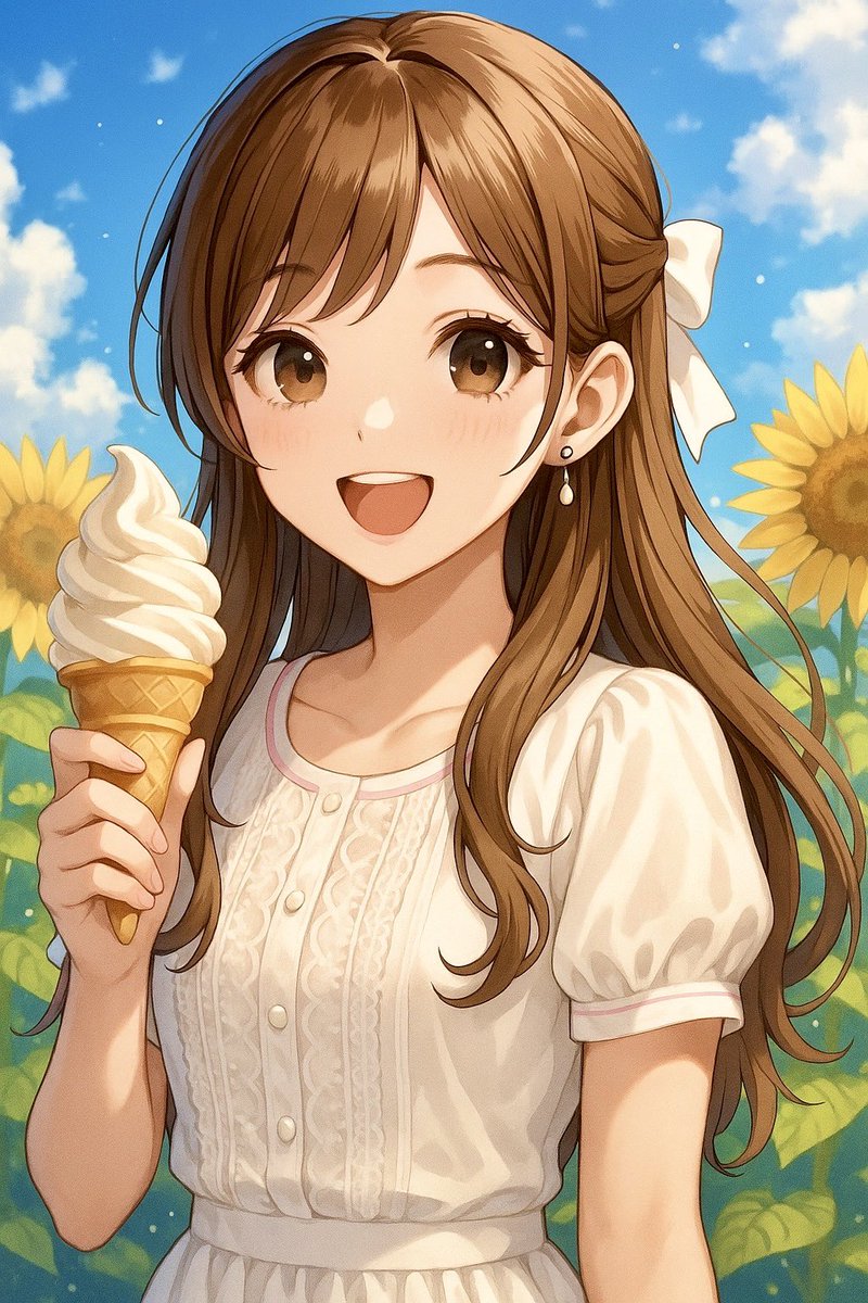 お疲れさまです(｡･ᴗ･)_🍹🧡

関東ついに梅雨明けだぁ〜\( ¨̮ )/☀️

🌻✨

ソフトクリーム日和（🍦•᎑•🍦）

来週から厳しい暑さ😰頑張って乗り切りましょう🫠☀️

🍧✩.*˚🌴✩.*˚🍉✩.*˚🌻✩.*˚🍨✩.*˚🌺

#イチゴが1番好きだけどスイカも大好き
#梅雨明け #AIイラスト