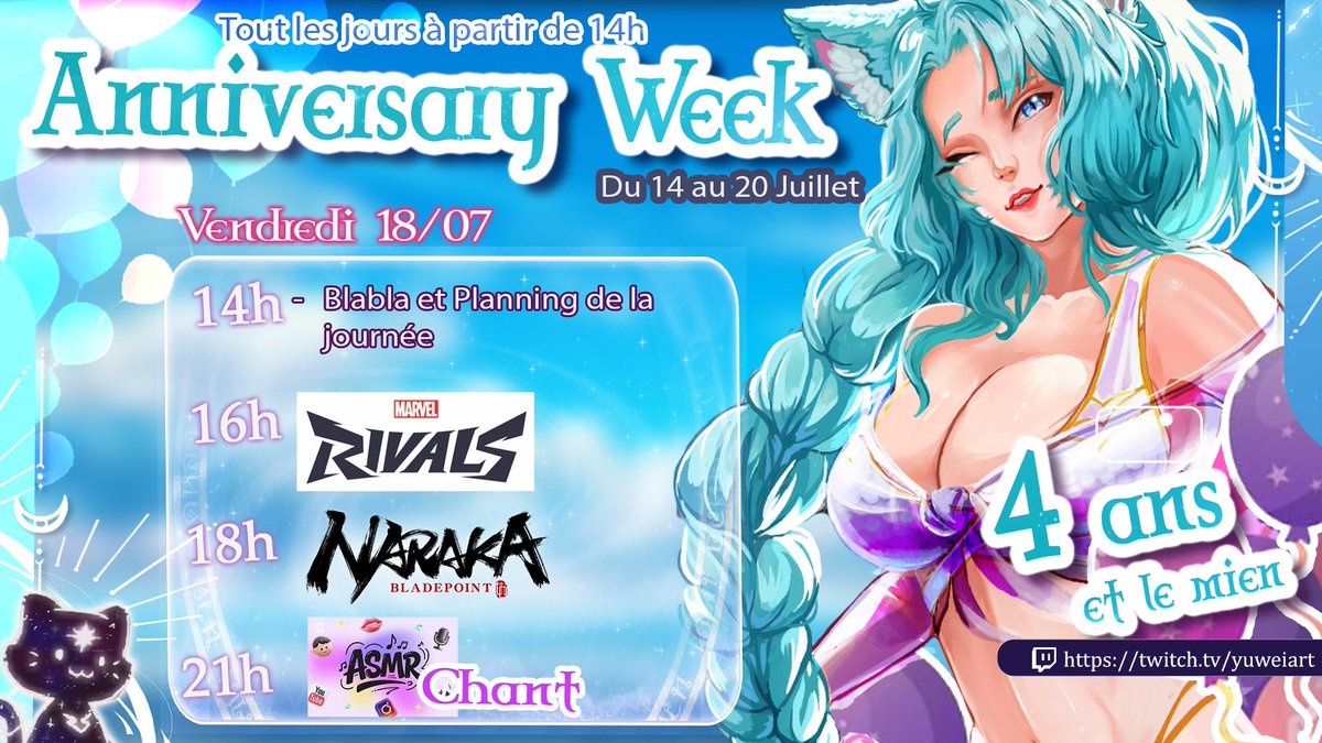 yuwei_art's tweet image. Bienvenue dans ce 5eme jours de notre semaine d'anniversaire
Du blabla,
Du marvel Rival,
Du naraka ( et cette fois on le fait ),
Et le ASMR chant ( c'est bon il est là )
twitch.tv/yuweiart
#Vtuber #twitch #Anniversaire