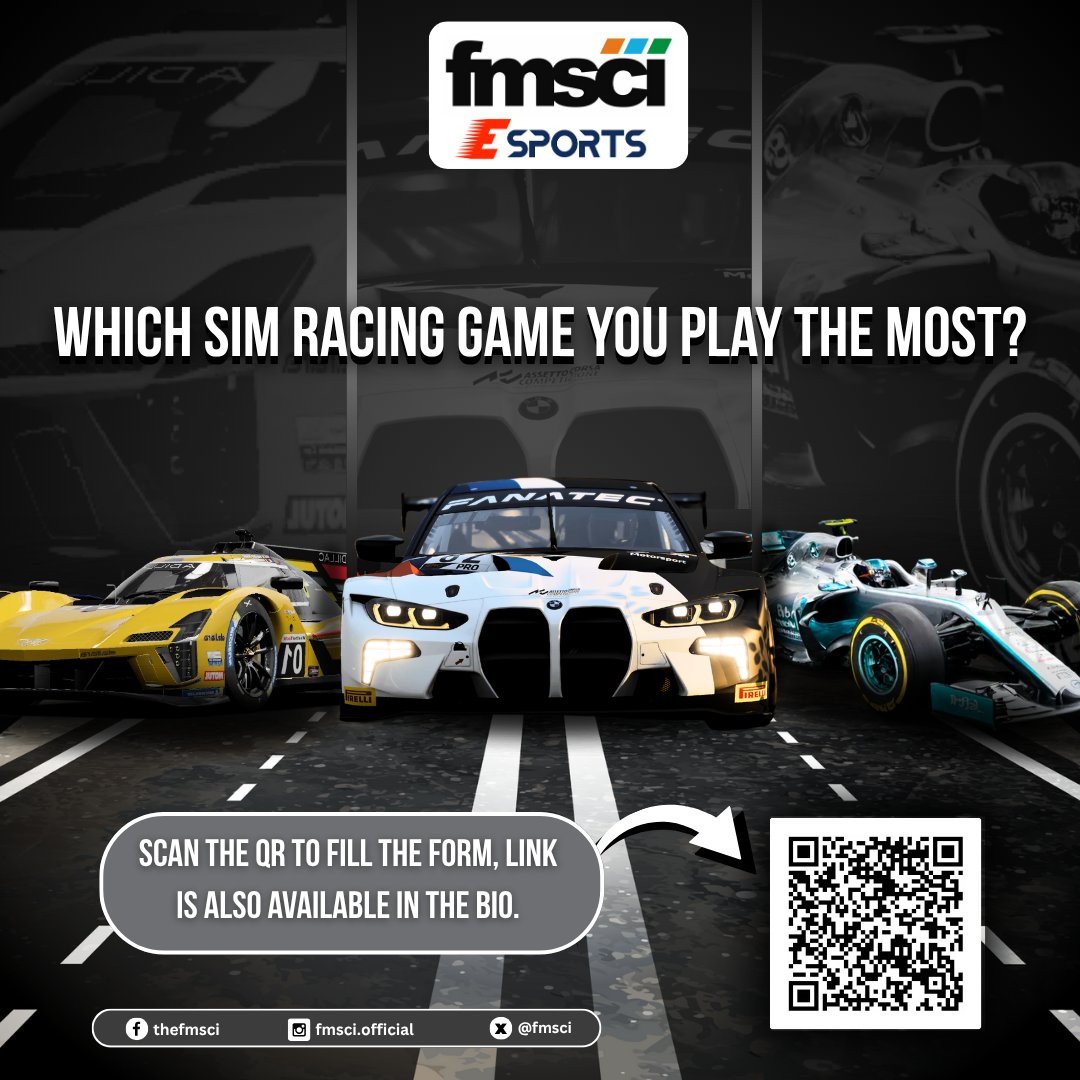 🏁 SIM RACERS! 🕹️

We want to know which sim racing game keeps your engine revving the most! 🔥

👉 Scan the QR code or hit the link in bio to tell us your favorite sim racing game!

zfrmz.in/FrWe7MWcv4qKnZ…

#FMSCI #SimRacing #eSportsIndia #RacingCommunity #GamersUnite