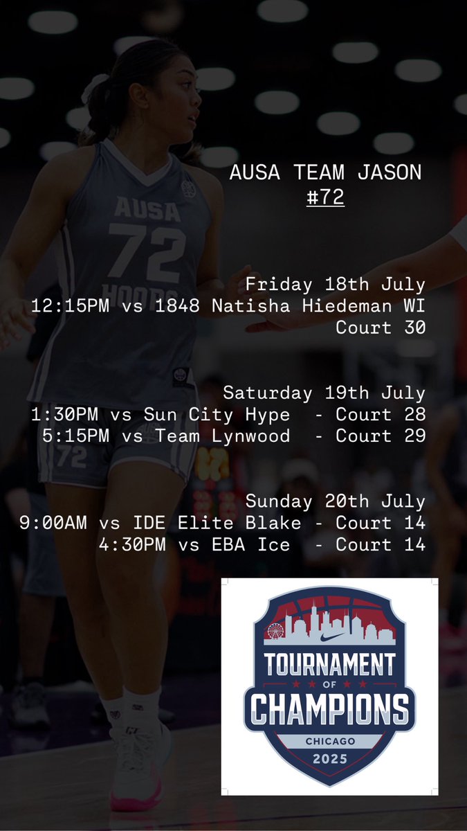 Vahayliah Seumanutafa (@vahayliahs) on Twitter photo ‼️IMPORTANT‼️
There has been last minute changes with our <a href="/niketoc/">Nike Tournament of Champions</a> draw. Please see below for our new game schedule⬇️⬇️
Game 1 (Today) : 12:15PM on Court 30
#AUSA #TEAMJASON #72
<a href="/AUSA_Hoops_WBB/">AUSA Hoops WBB</a> <a href="/JasonChainey5/">Jason Chainey</a> ‼️IMPORTANT‼️
There has been last minute changes with our <a href="/niketoc/">Nike Tournament of Champions</a> draw. Please see below for our new game schedule⬇️⬇️
Game 1 (Today) : 12:15PM on Court 30
#AUSA #TEAMJASON #72
<a href="/AUSA_Hoops_WBB/">AUSA Hoops WBB</a> <a href="/JasonChainey5/">Jason Chainey</a>