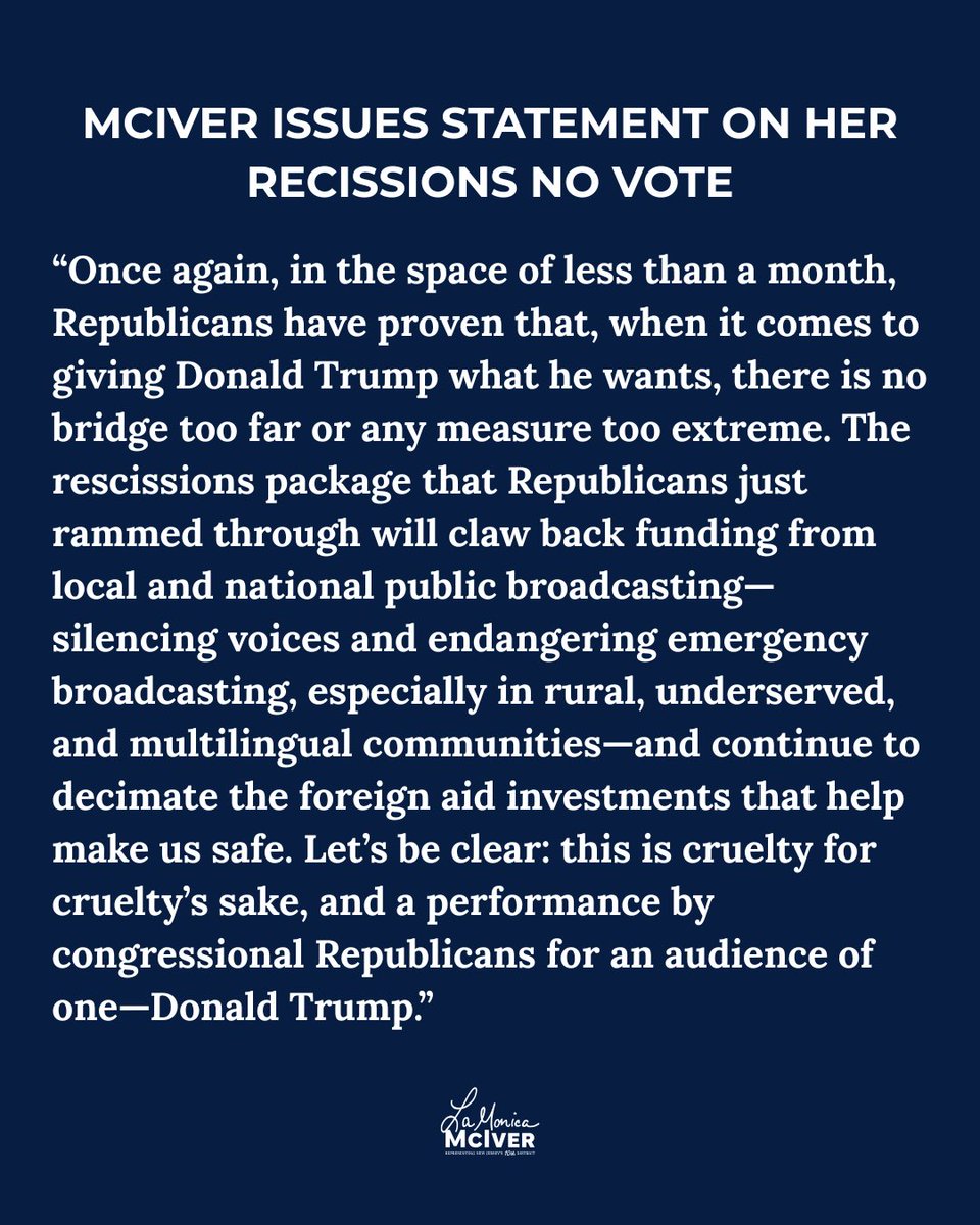 RepLaMonica's tweet image. In the middle of the night, House Republicans passed a $9 billion recissions package that will claw back already appropriated money from vital programs.
This is cruelty for cruelty’s sake, and a performance by congressional Republicans for an audience of one—Donald Trump.