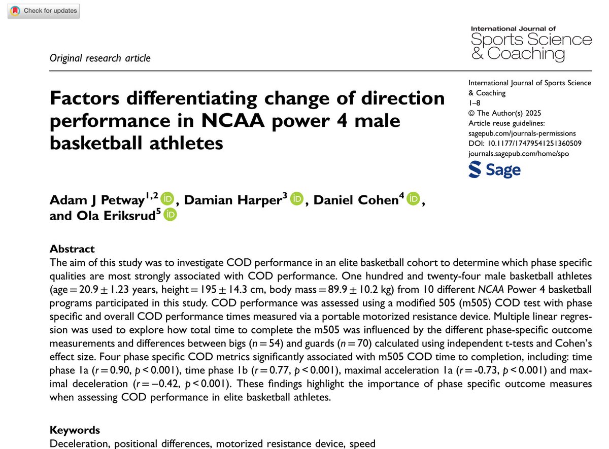 Damian Harper, PhD (@dhmov) on Twitter photo ๐จ Great to see our latest paper now publishedโฆ
Factors differentiating change of direction performance in NCAA power 4 male basketball athletes ๐๐บ๐ธ
What best differentiated GUARDS vs BIGS?
โ total COD time
โ๏ธ Top Speed
โ๏ธ Max Deceleration
journals.sagepub.com/doi/10.1177/17โฆ ๐จ Great to see our latest paper now publishedโฆ
Factors differentiating change of direction performance in NCAA power 4 male basketball athletes ๐๐บ๐ธ
What best differentiated GUARDS vs BIGS?
โ total COD time
โ๏ธ Top Speed
โ๏ธ Max Deceleration
journals.sagepub.com/doi/10.1177/17โฆ