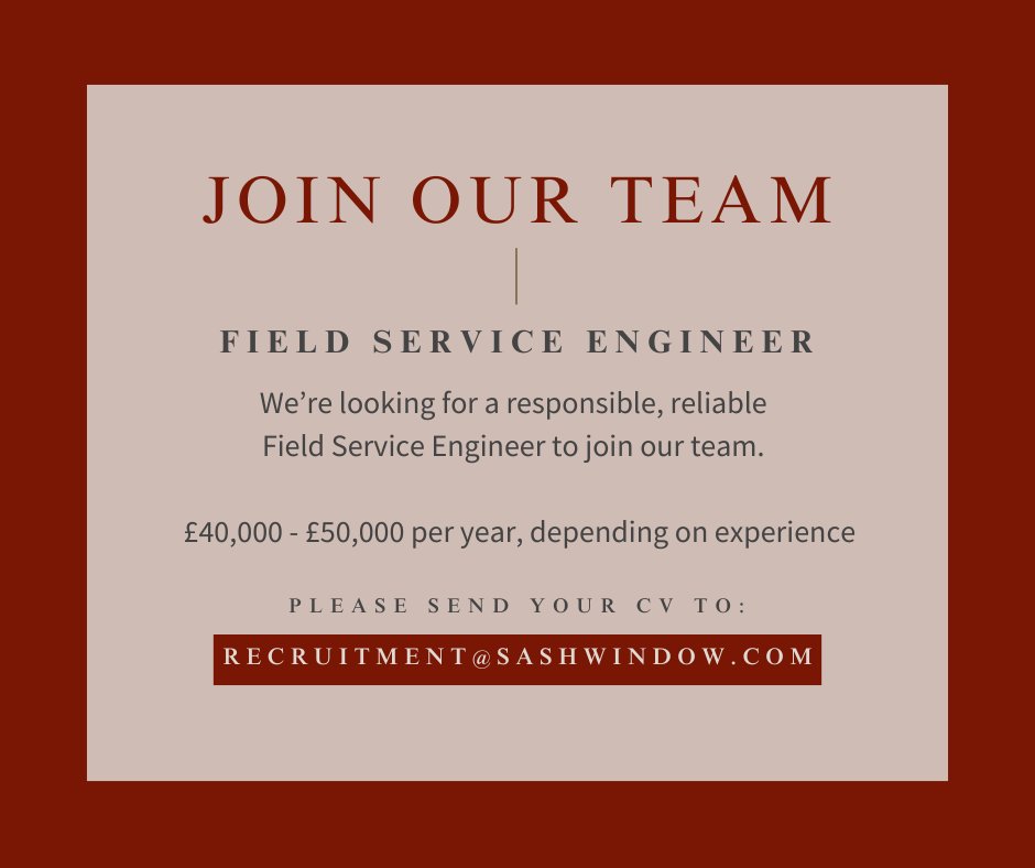 We’re looking to #recruit a responsible, reliable Field Service Engineer to join our team. You’ll carry out remedial, warranty &amp; service work on high-quality timber windows &amp; doors in clients’ homes. Contact recruitment@sashwindow.com with your CV to #apply