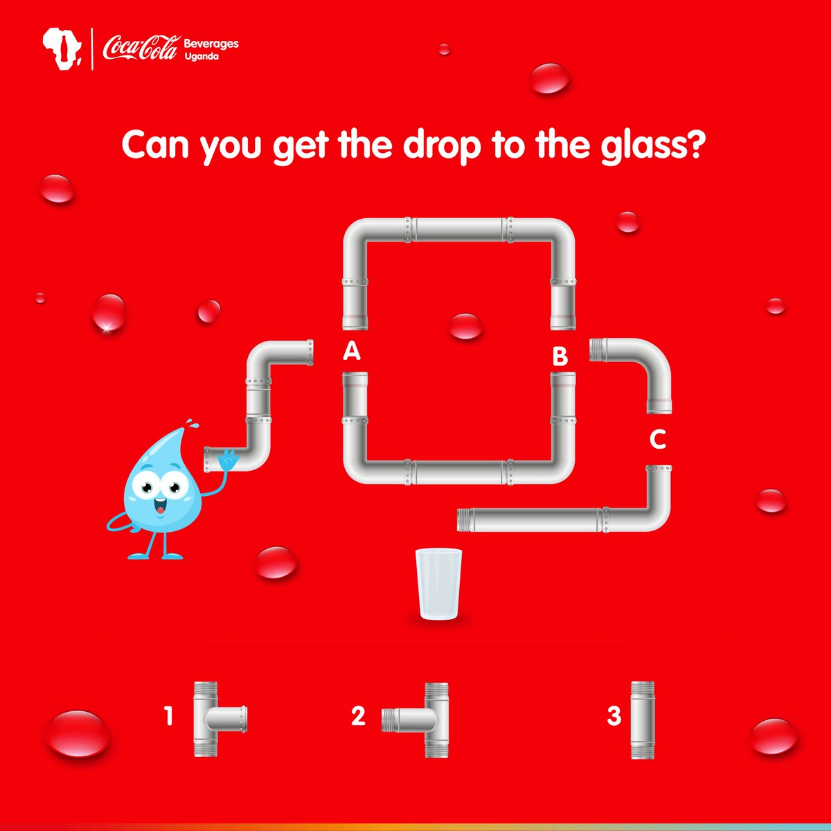CocaColaBevUg's tweet image. Help the water drop reach the glass! Match each pipe to the right gap and complete the flow.
Look closely. Which connection gets the job done?
#FunFriday
#RealMagic
#RefreshUG
#CCBU
