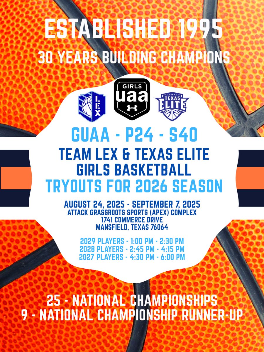 Team Lex Basketball (@teamlexhoops) on Twitter photo Tryouts for 2026 GUAA-P24-S40 teams. Looking for hard working, loyal players. Texas needs to catch up with the rest of the country that does tryouts in August and September. Come check us out. <a href="/PBRhoops/">Premier Basketball</a> Tryouts for 2026 GUAA-P24-S40 teams. Looking for hard working, loyal players. Texas needs to catch up with the rest of the country that does tryouts in August and September. Come check us out. <a href="/PBRhoops/">Premier Basketball</a>